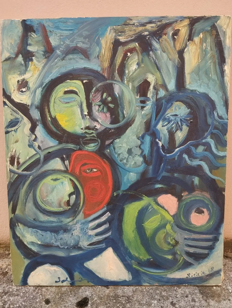 Pamono Mario Salmaso, Mediterranean People, 1960s, Oil on Canvas> Abstraction|Painting