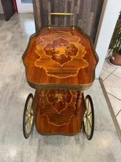 Pamono Marquetry 3-Wheeled Serving Trolley with Trays, 1950s> Serving Bar Carts & Trolleys