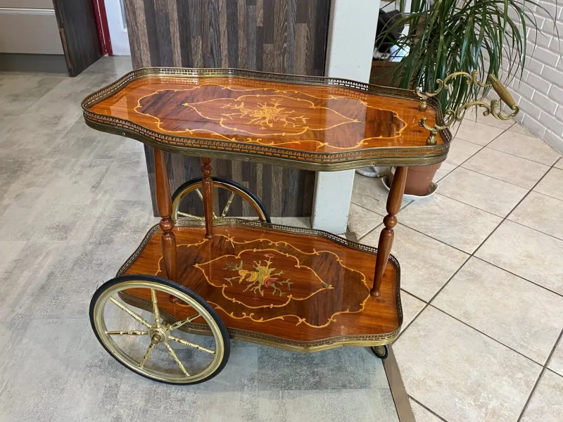 Pamono Marquetry 3-Wheeled Serving Trolley with Trays, 1950s> Serving Bar Carts & Trolleys