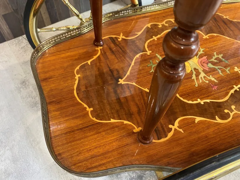 Pamono Marquetry 3-Wheeled Serving Trolley with Trays, 1950s> Serving Bar Carts & Trolleys