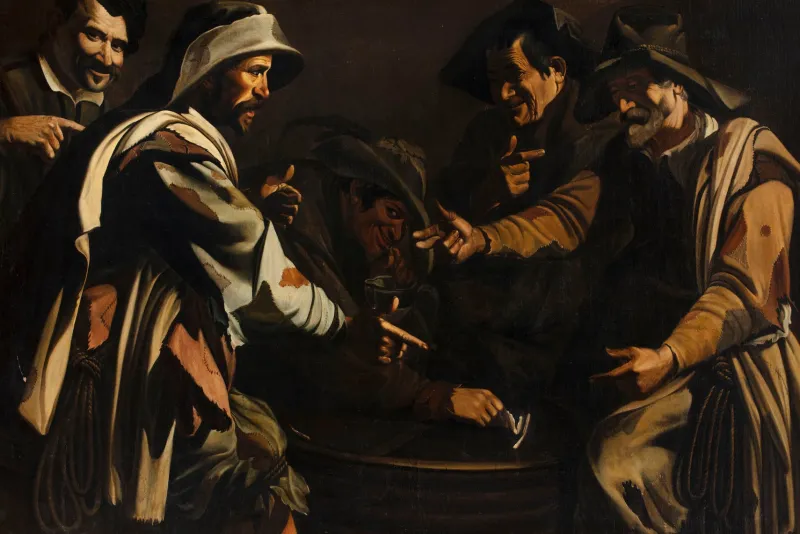 Best Pamono Master of the Flagellation of Cesena, The Morra Players, 1620, Oil on Canvas, Framed