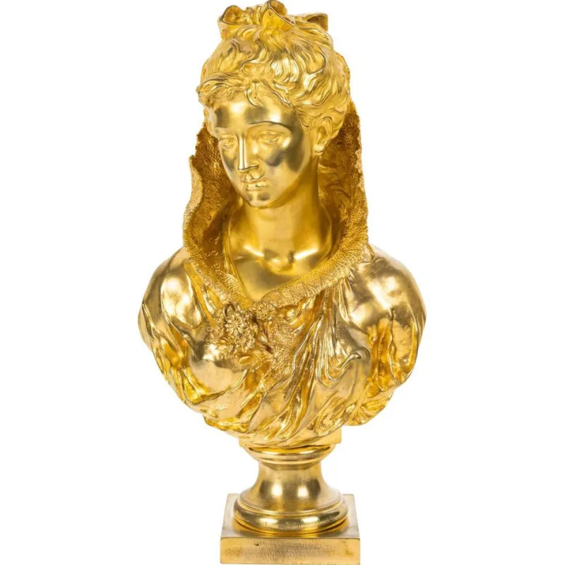 New Pamono Mathurin Moreau, Sculpture Representing a Bust of a Woman, Gilt Bronze