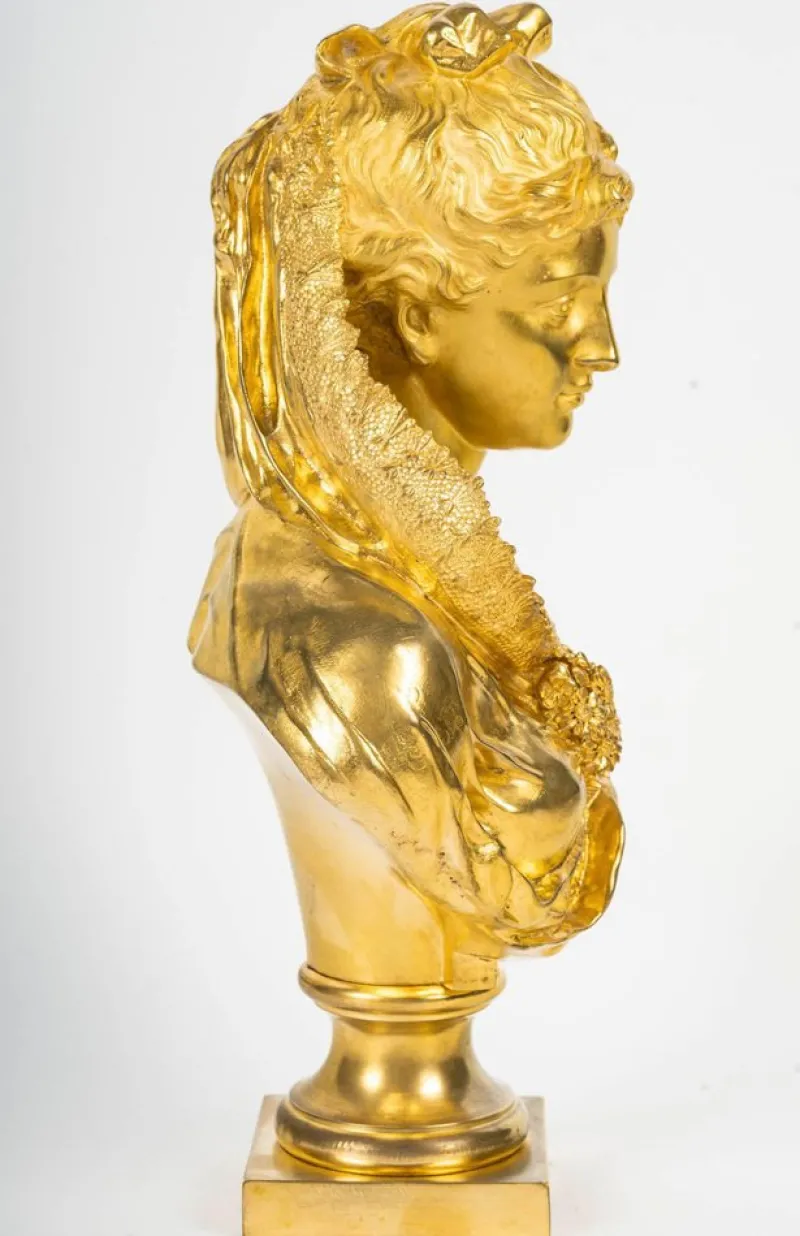 New Pamono Mathurin Moreau, Sculpture Representing a Bust of a Woman, Gilt Bronze