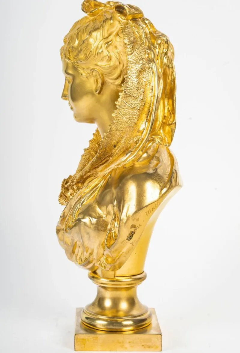 New Pamono Mathurin Moreau, Sculpture Representing a Bust of a Woman, Gilt Bronze