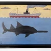 Pamono Matt Rix, Maritime Scene with Sawfish and Steamship, Oil on Board, Framed