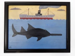 Pamono Matt Rix, Maritime Scene with Sawfish and Steamship, Oil on Board, Framed