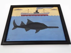 Pamono Matt Rix, Maritime Scene with Sawfish and Steamship, Oil on Board, Framed