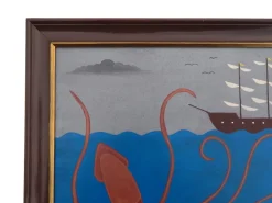 New Pamono Matt Rix, Naive Style Giant Squid & Sail Ship, Oil on Board, Framed