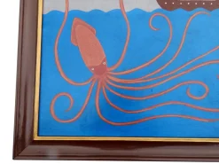 New Pamono Matt Rix, Naive Style Giant Squid & Sail Ship, Oil on Board, Framed