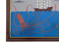 New Pamono Matt Rix, Naive Style Giant Squid & Sail Ship, Oil on Board, Framed