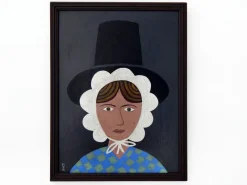 Pamono Matt Rix, Naive Style Portrait of Gwen, Welsh Lady in Traditional Dress, 2000s, Oil Painting, Framed> Painting