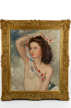 Pamono Maurice Ehlinger, Nude Portrait of a Young Woman wth a Scarf, 1940, Oil on Canvas> Old Masters|Classical