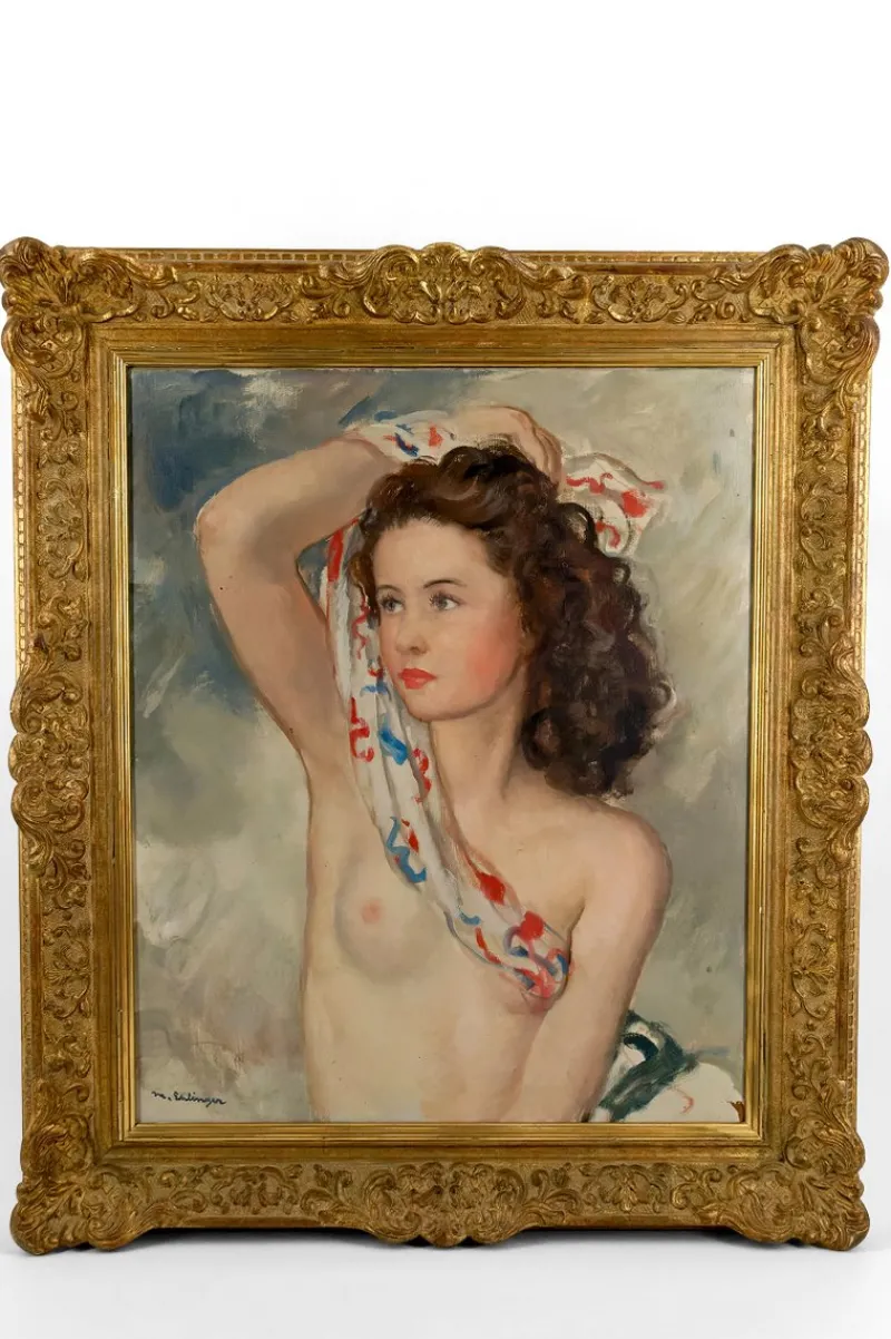Pamono Maurice Ehlinger, Nude Portrait of a Young Woman wth a Scarf, 1940, Oil on Canvas> Old Masters|Classical