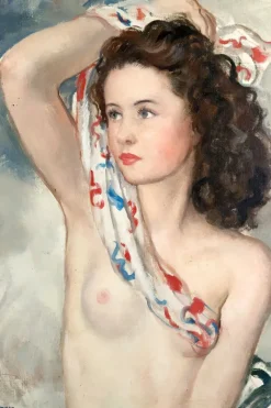 Pamono Maurice Ehlinger, Nude Portrait of a Young Woman wth a Scarf, 1940, Oil on Canvas> Old Masters|Classical