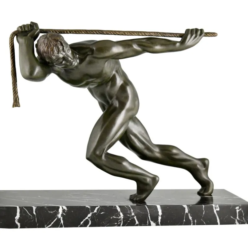 Pamono Maurice Guiraud Riviere, Art Deco Sculpture of Male Nude Athlete with Rope, 1930, Bronze & Marble