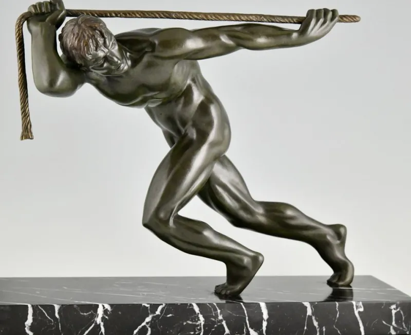 Pamono Maurice Guiraud Riviere, Art Deco Sculpture of Male Nude Athlete with Rope, 1930, Bronze & Marble