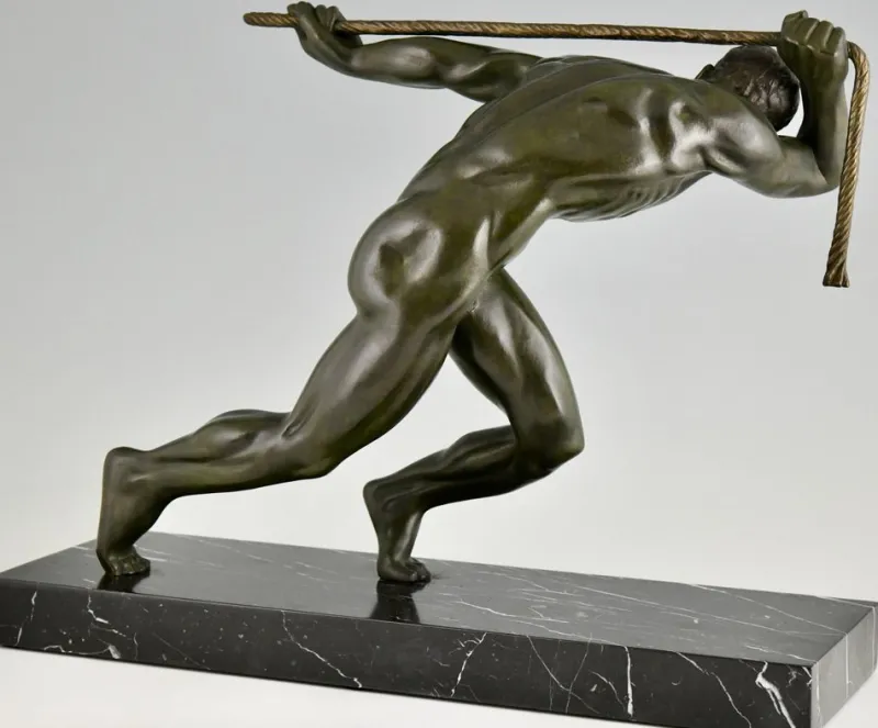 Pamono Maurice Guiraud Riviere, Art Deco Sculpture of Male Nude Athlete with Rope, 1930, Bronze & Marble