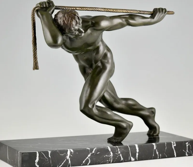 Pamono Maurice Guiraud Riviere, Art Deco Sculpture of Male Nude Athlete with Rope, 1930, Bronze & Marble