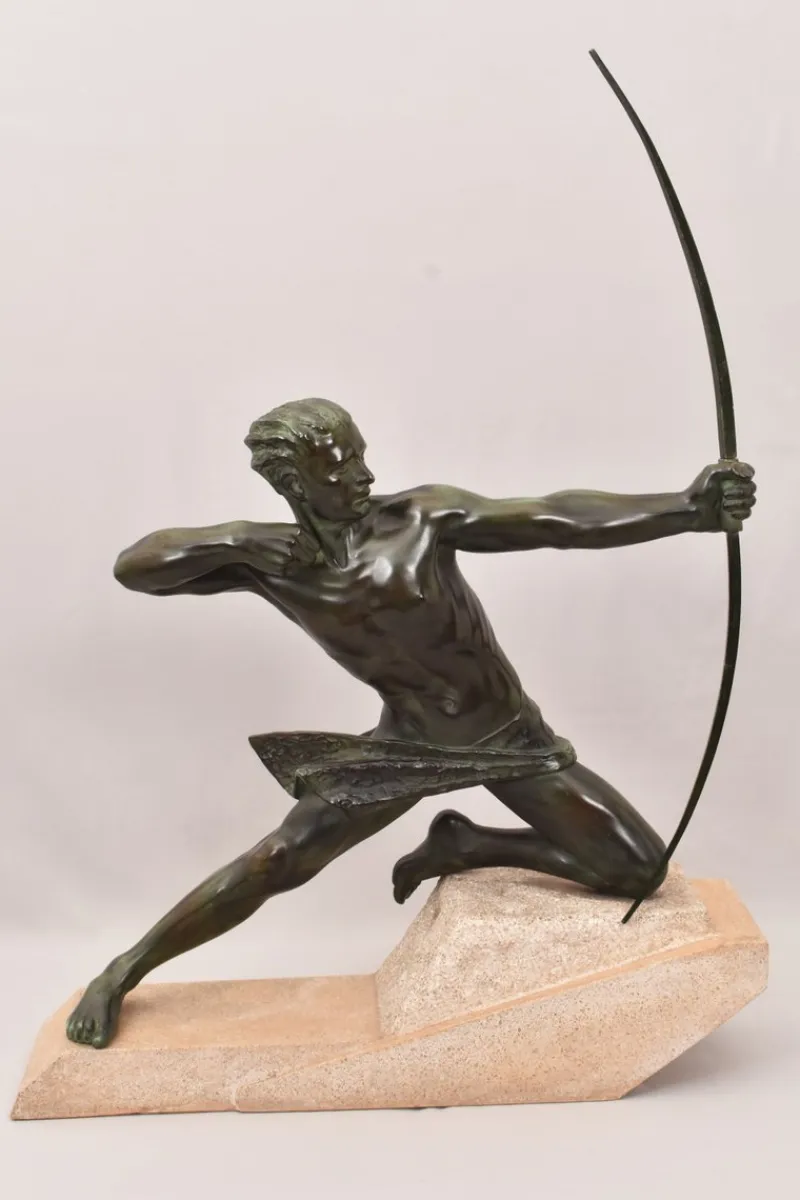Pamono Maxi Le Verrier, Art Deco Warrior or Archer, 1920s, Antimony with Stone Base> Art Deco
