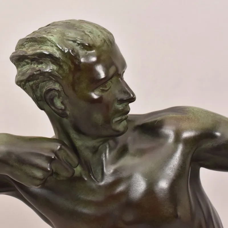 Pamono Maxi Le Verrier, Art Deco Warrior or Archer, 1920s, Antimony with Stone Base> Art Deco