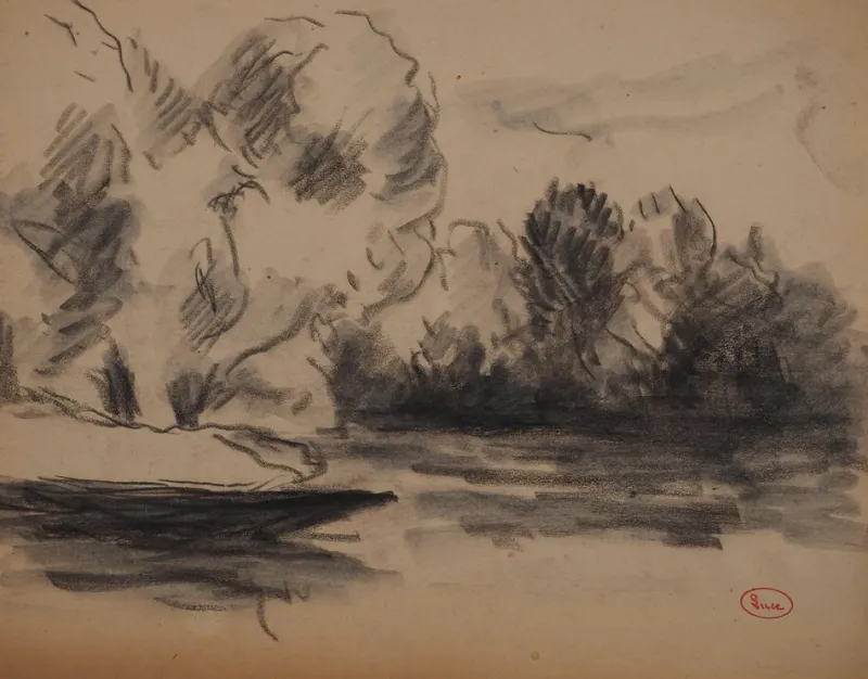 Pamono Maximilien Luce, Calm Corner by the Lake, Original Signed Drawing> Work On Paper