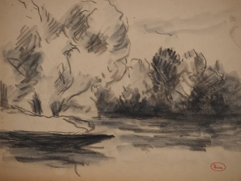 Pamono Maximilien Luce, Calm Corner by the Lake, Original Signed Drawing> Work On Paper