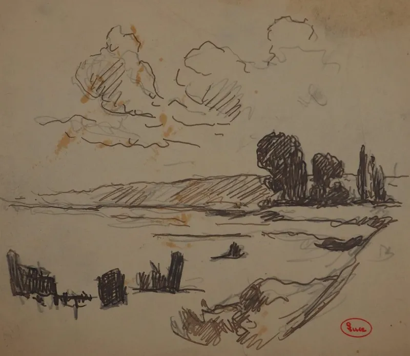 Discount Pamono Maximilien Luce, Landscape on the Hill, Original Signed Drawing