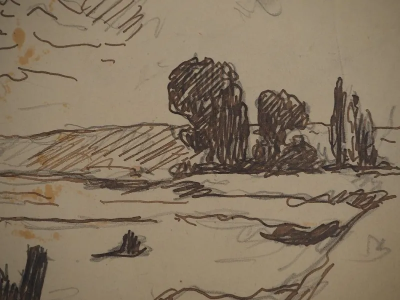 Discount Pamono Maximilien Luce, Landscape on the Hill, Original Signed Drawing