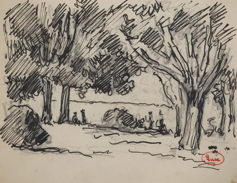 Pamono Maximilien Luce, Walkers in the Woods, Original Signed Drawing> Work On Paper
