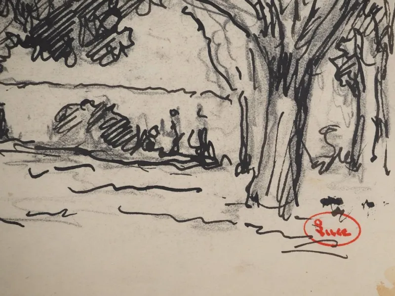 Pamono Maximilien Luce, Walkers in the Woods, Original Signed Drawing> Work On Paper