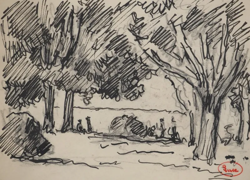 Pamono Maximilien Luce, Walkers in the Woods, Original Signed Drawing> Work On Paper