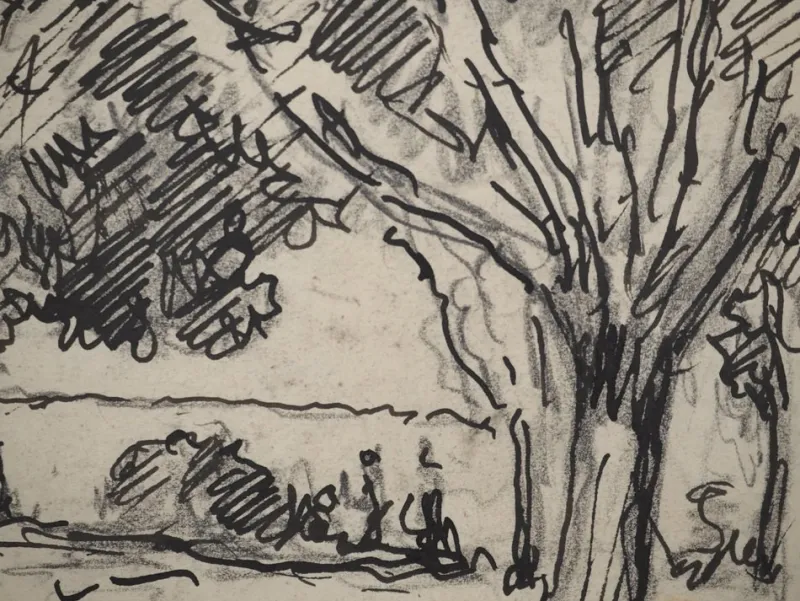 Pamono Maximilien Luce, Walkers in the Woods, Original Signed Drawing> Work On Paper
