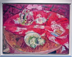 Pamono Maya Kopitzeva, Still Life with Lilies of the Valley and a Red Tablecloth, 1979, Oil on Canvas> Painting