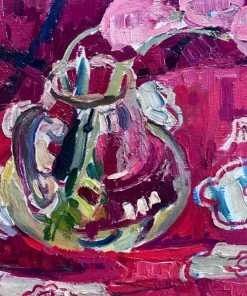 Pamono Maya Kopitzeva, Still Life with Lilies of the Valley and a Red Tablecloth, 1979, Oil on Canvas><noscript><img width=