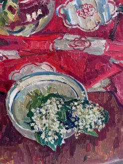 Pamono Maya Kopitzeva, Still Life with Lilies of the Valley and a Red Tablecloth, 1979, Oil on Canvas><noscript><img width=
