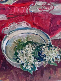 Pamono Maya Kopitzeva, Still Life with Lilies of the Valley and a Red Tablecloth, 1979, Oil on Canvas><noscript><img width=