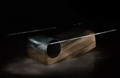 Pamono Medes Coffee Table in Wenge Sandstone and Sanded Iron Circle with Glass Top by Joaquín Moll