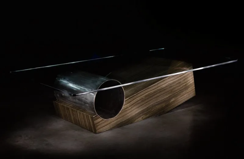 Pamono Medes Coffee Table in Wenge Sandstone and Sanded Iron Circle with Glass Top by Joaquín Moll