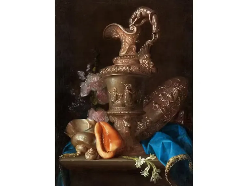 Pamono Meiffren Conte or Comte, Still Lifes with Jugs and Shell, Oil on Canvases, 17th Century, Framed, Set of 2> Old Masters
