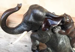 Pamono Meiji Okimono Bronze Sculpture of an Elephant Attacked by Tigers, Japan, 1890s><noscript><img width=