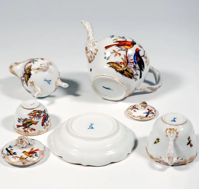 Outlet Pamono Meissen Tea Service with Bird and Insect Painting and Gold, Germany, 1820, Set of 6