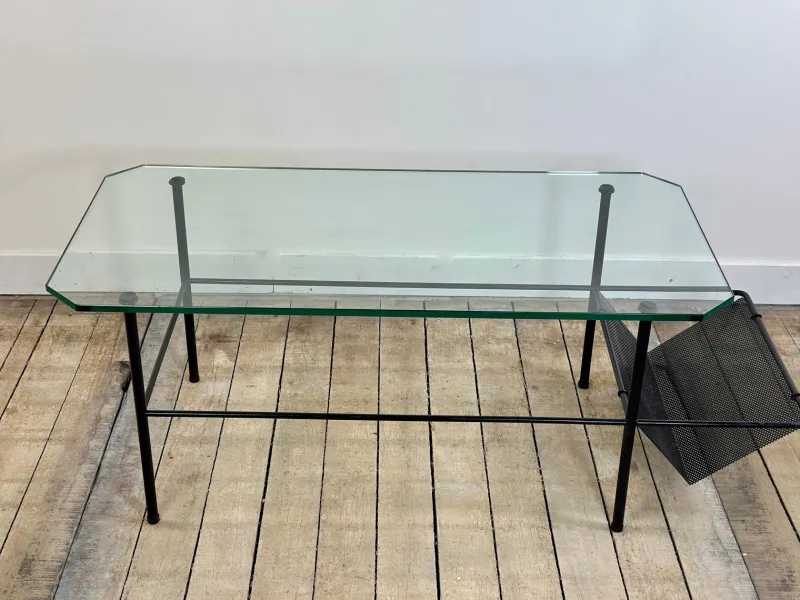 Pamono Metal and Glass Coffee Table by Gérard Guermomprez, 1956> Coffee & Side Tables