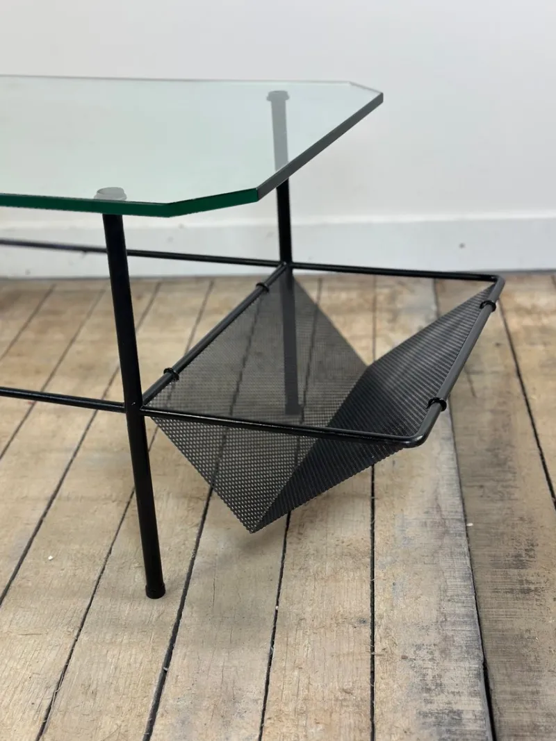 Pamono Metal and Glass Coffee Table by Gérard Guermomprez, 1956> Coffee & Side Tables