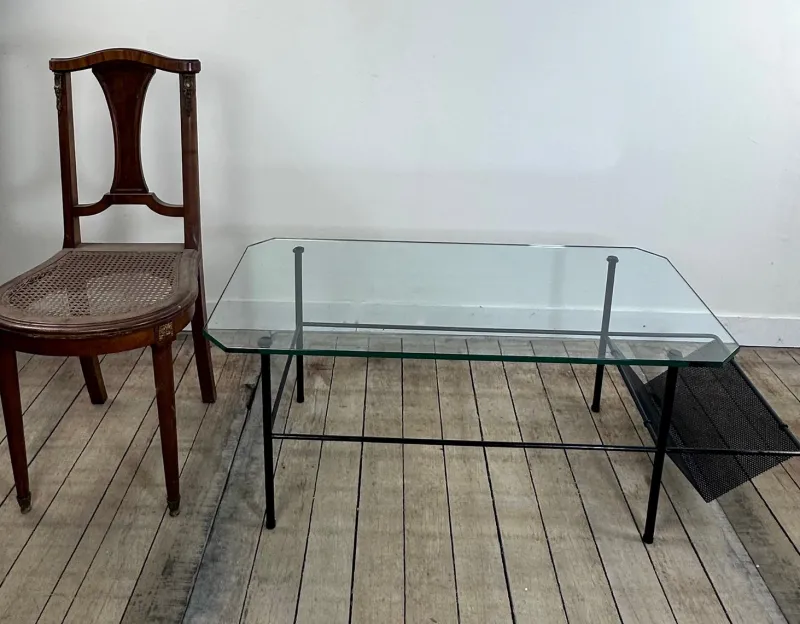 Pamono Metal and Glass Coffee Table by Gérard Guermomprez, 1956> Coffee & Side Tables