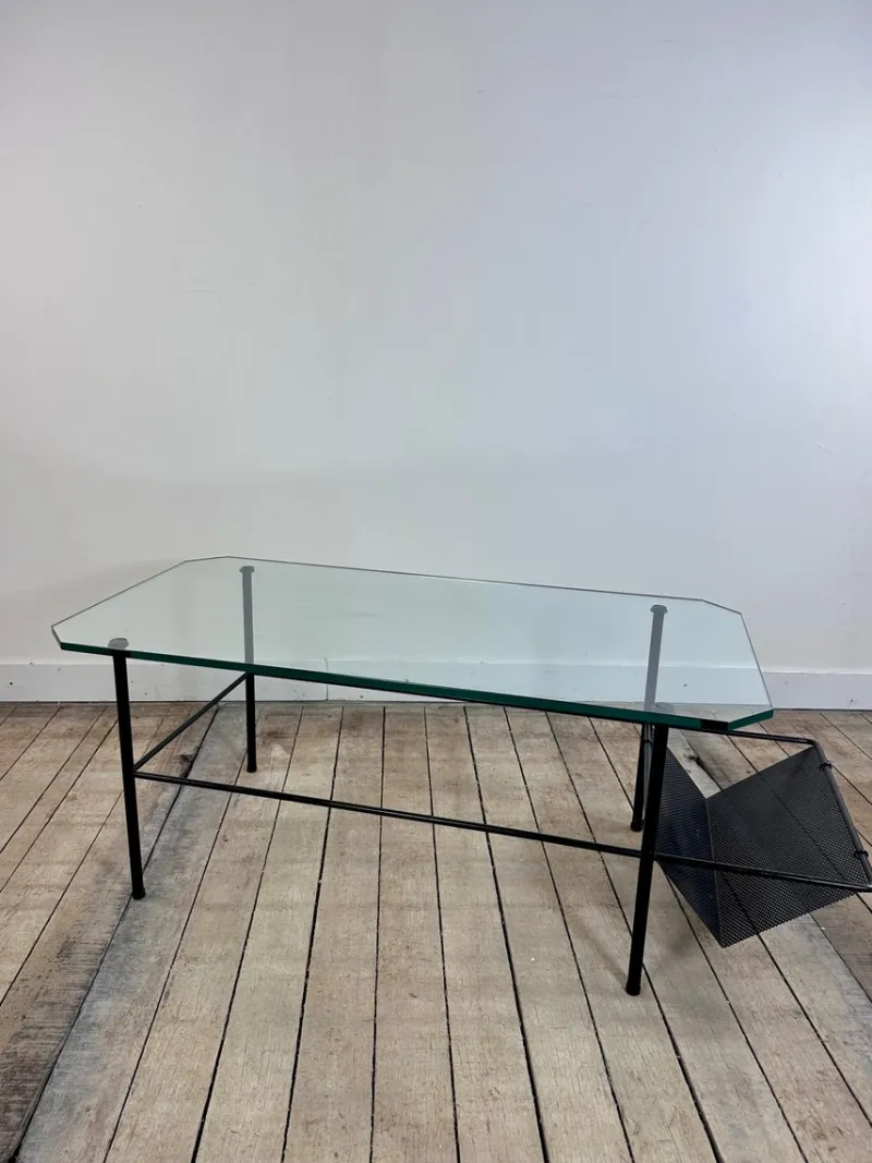 Pamono Metal and Glass Coffee Table by Gérard Guermomprez, 1956> Coffee & Side Tables