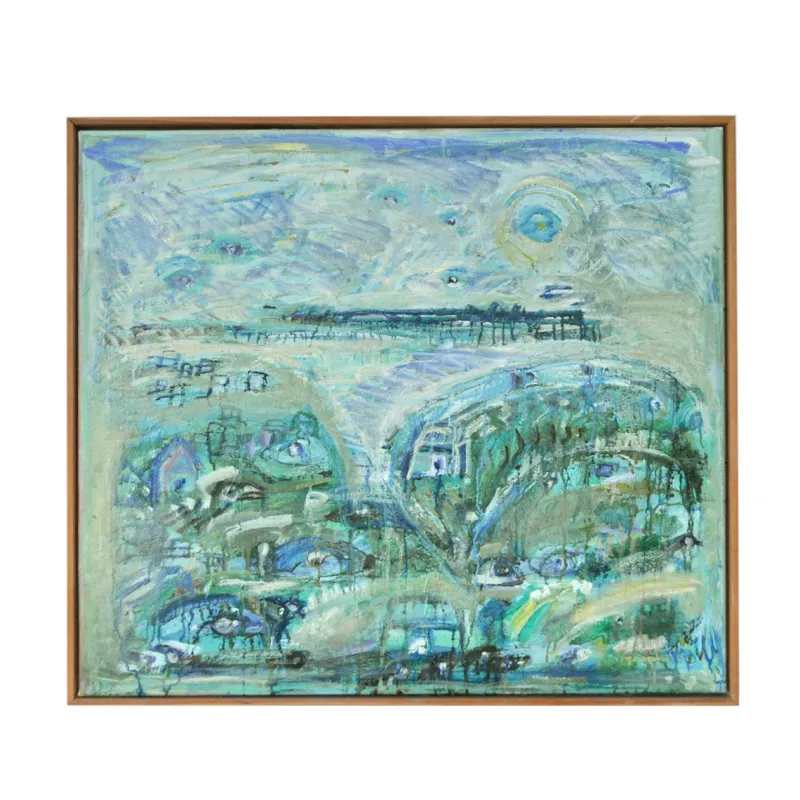 Sale Pamono Mette Birckner, Abstract Impressionist Turquoise Town with Animals, 2018, Oil on Canvas