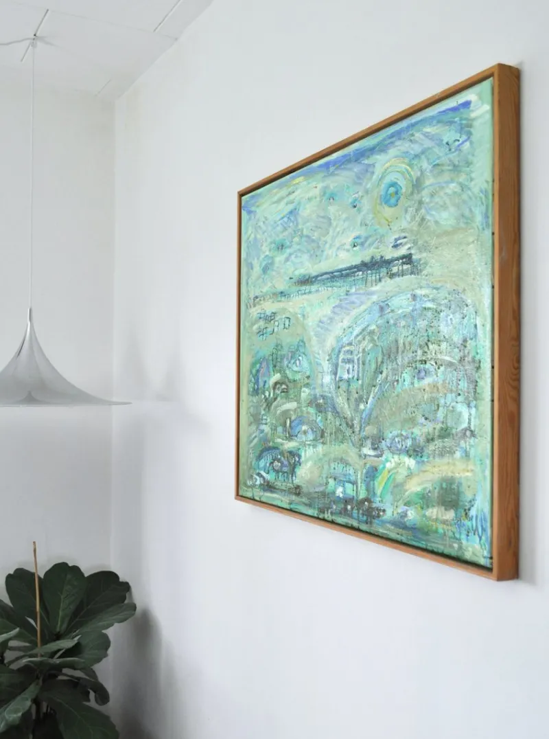 Sale Pamono Mette Birckner, Abstract Impressionist Turquoise Town with Animals, 2018, Oil on Canvas