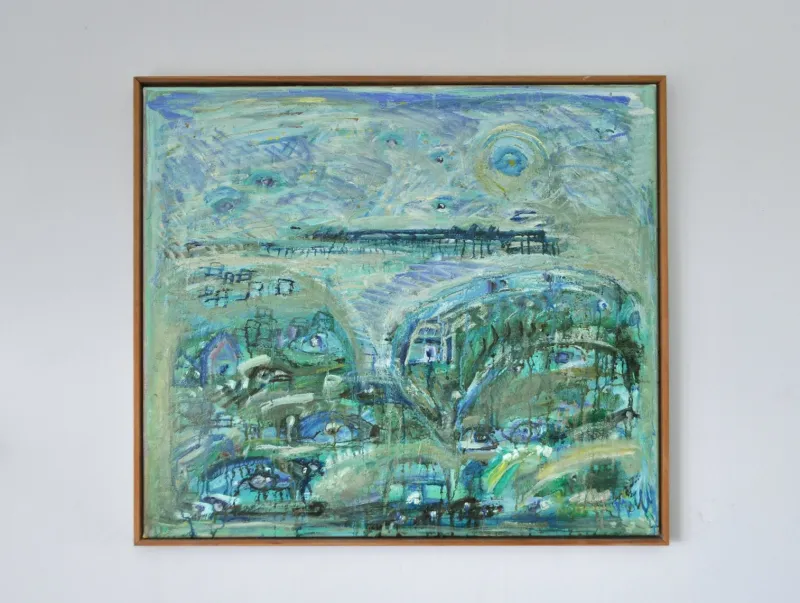Sale Pamono Mette Birckner, Abstract Impressionist Turquoise Town with Animals, 2018, Oil on Canvas