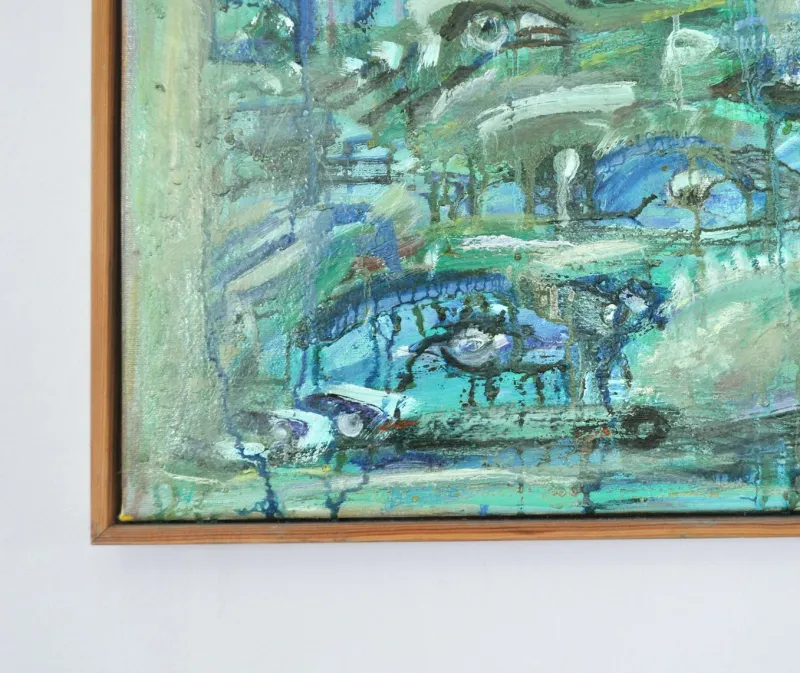 Sale Pamono Mette Birckner, Abstract Impressionist Turquoise Town with Animals, 2018, Oil on Canvas