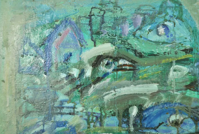Sale Pamono Mette Birckner, Abstract Impressionist Turquoise Town with Animals, 2018, Oil on Canvas